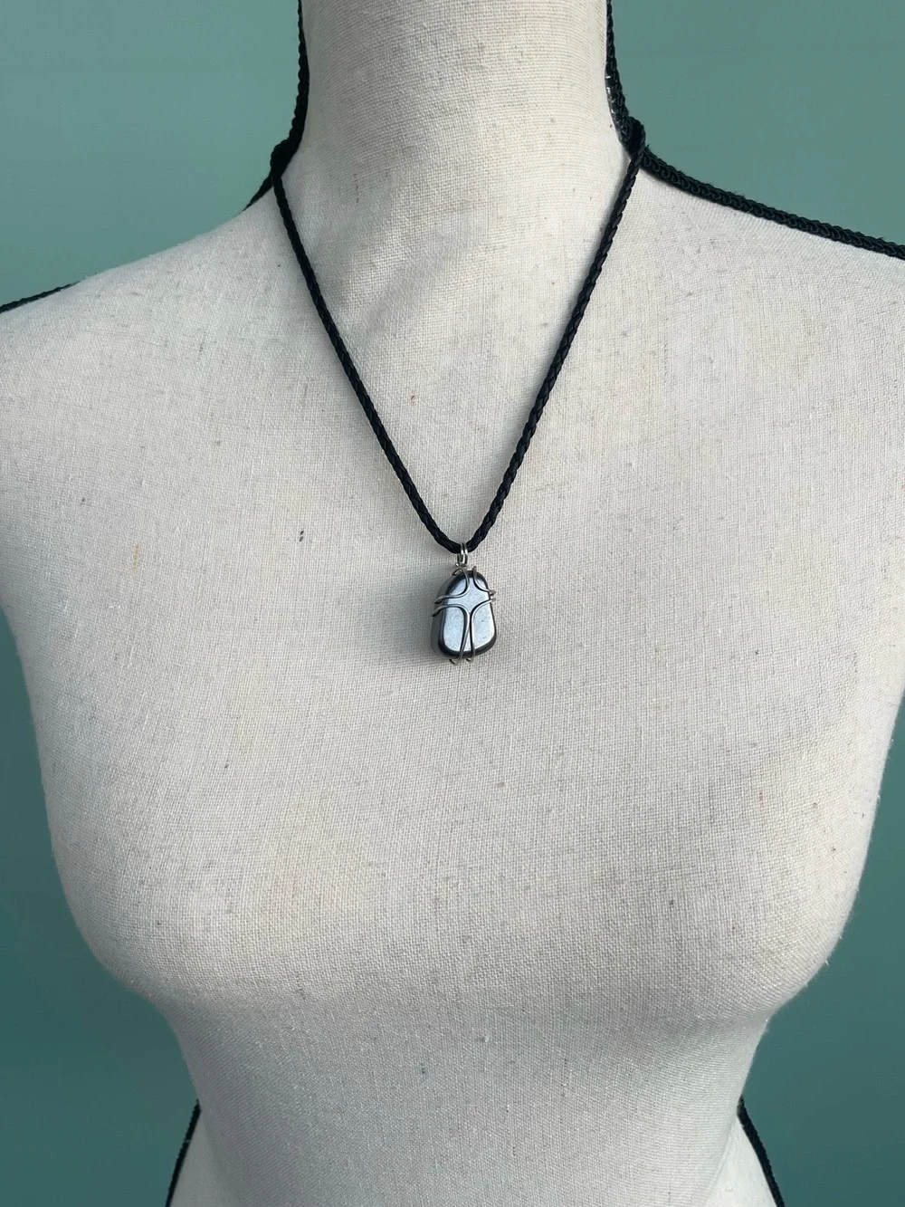 Hematite Black Gemstone Pendant Stainless Steel Wire Wrap on Braided Black Cord
